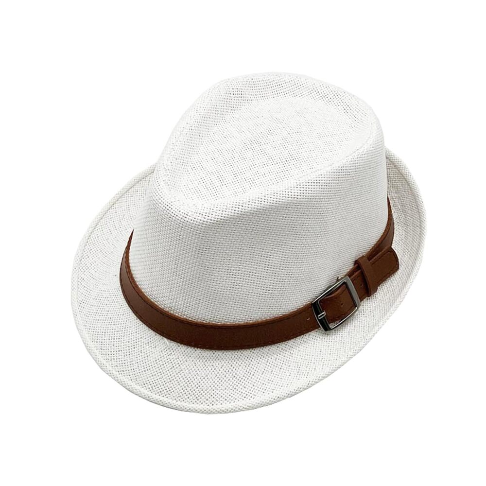 3702 Straw Fedora Hat Panama Hat Short Brim Summer Sun Hat-White